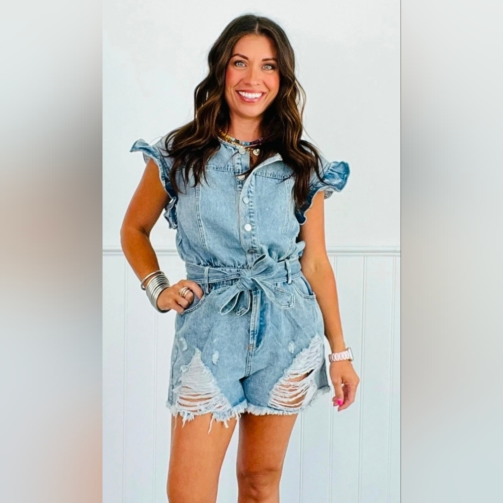 BiBi Distressed Denim Ruffle Sleeve Romper